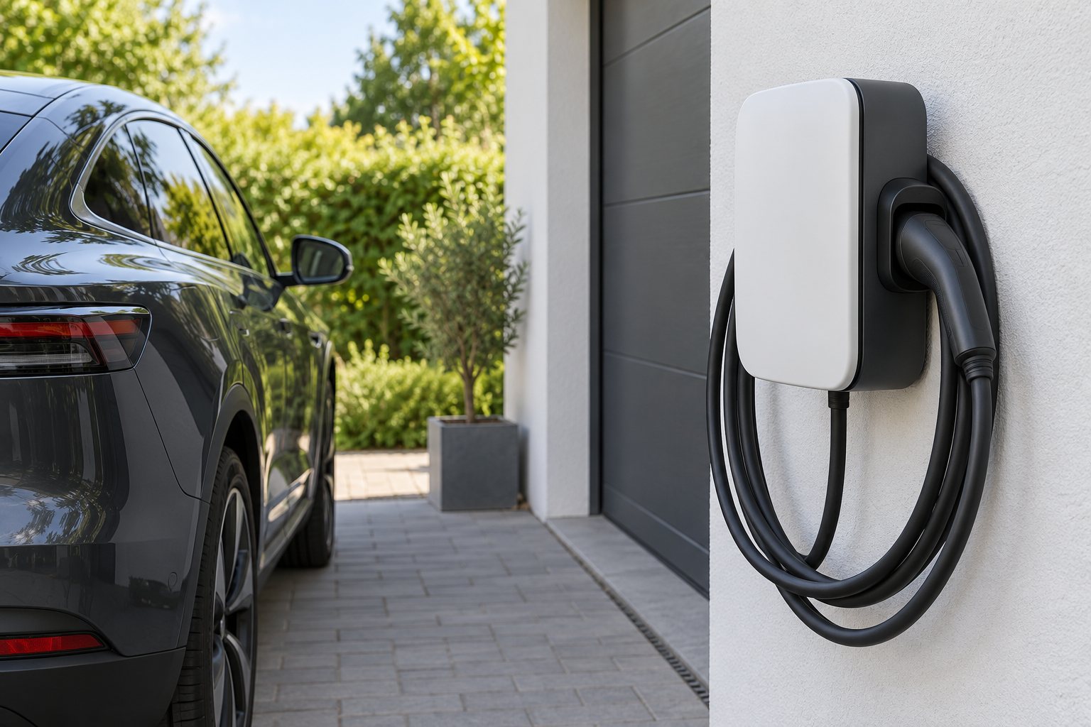 Borne de recharge murale avec son câble, devant un garage