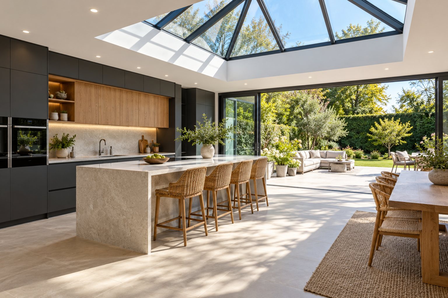 Cuisine moderne avec une verrière en toiture et des spots encastrés au plafond