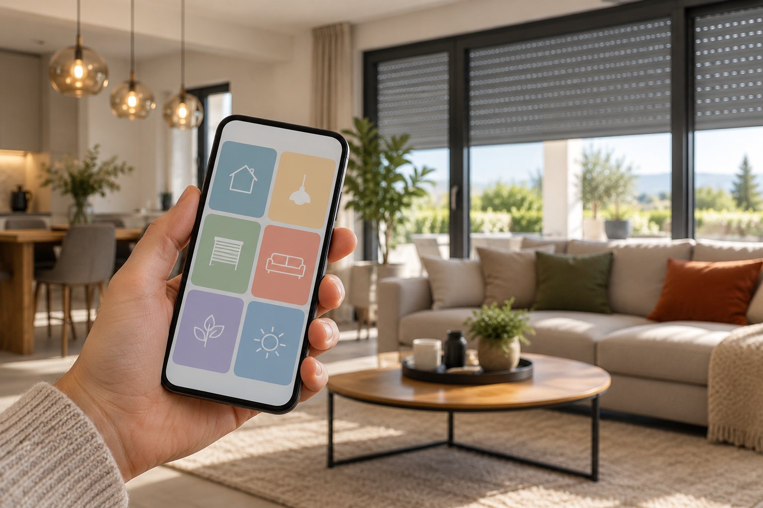 Smartphone en main dans un salon équipé d’éclairage et de volets connectés