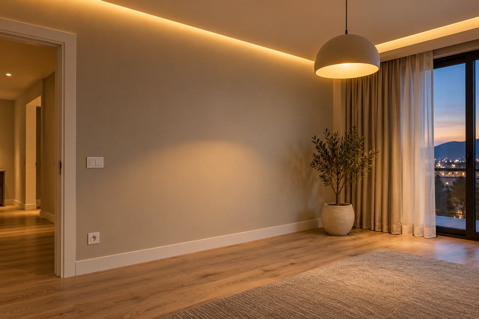 Prises, interrupteurs et éclairage LED dans une pièce rénovée