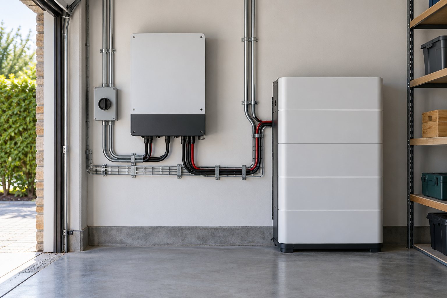 Onduleur et batterie de stockage d’une installation photovoltaïque, dans un garage