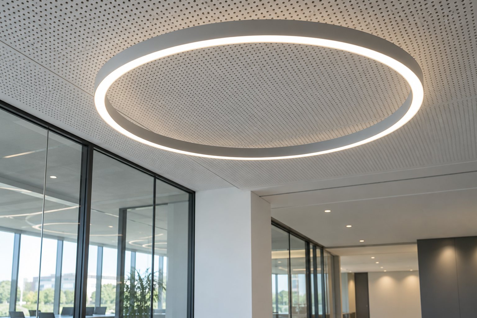 Luminaire LED circulaire fixé en hauteur dans un bâtiment professionnel