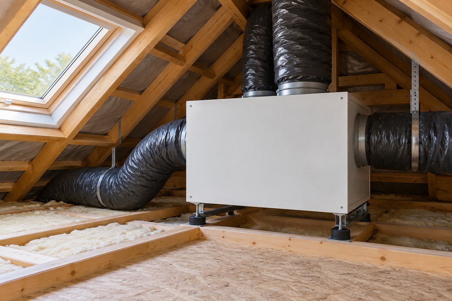 Système de ventilation avec gaines dans les combles d’une maison individuelle
